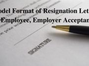 Model Format of Resignation Letter by Employee, Employer Acceptance